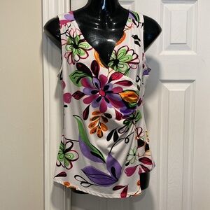 Libra - Sleeveless White Multi-Coloured Floral V-Neck Crossover Top - Sz M